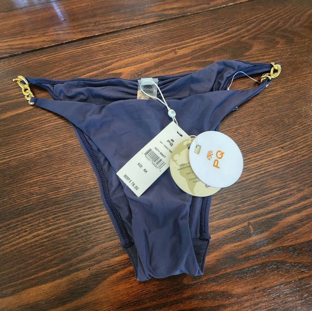 PQ Swim Navy blue bikini bottoms with gold chain trim M